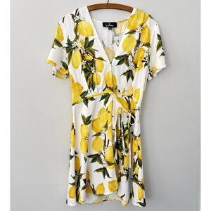 Lulu's Womens Small A La Tart White and Yellow Lemon Print Wrap Dress